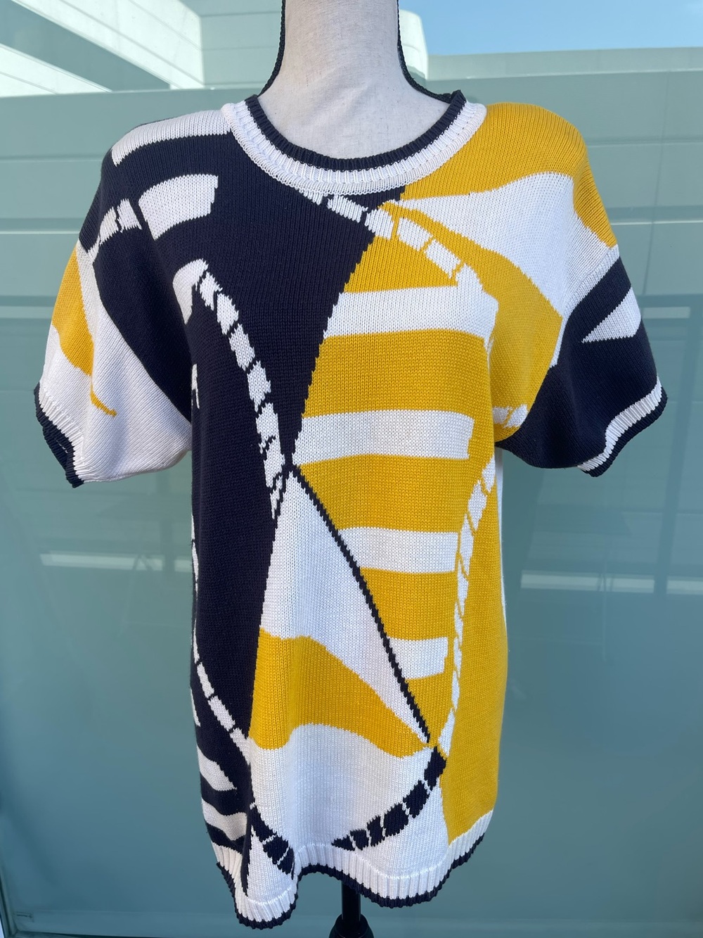 SK&Company Vintage Nautical Knit Short Sleeve Top Dark Yellow & Navy Blue Large